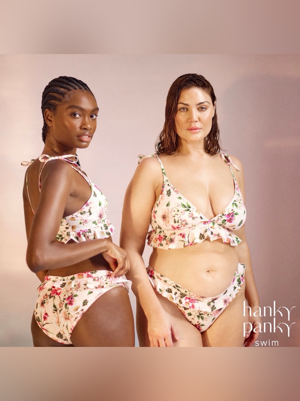 HANKY PANKY Floral Ruffled High-Waist Bikini Set in Blush Pink Sz M Beach Pool